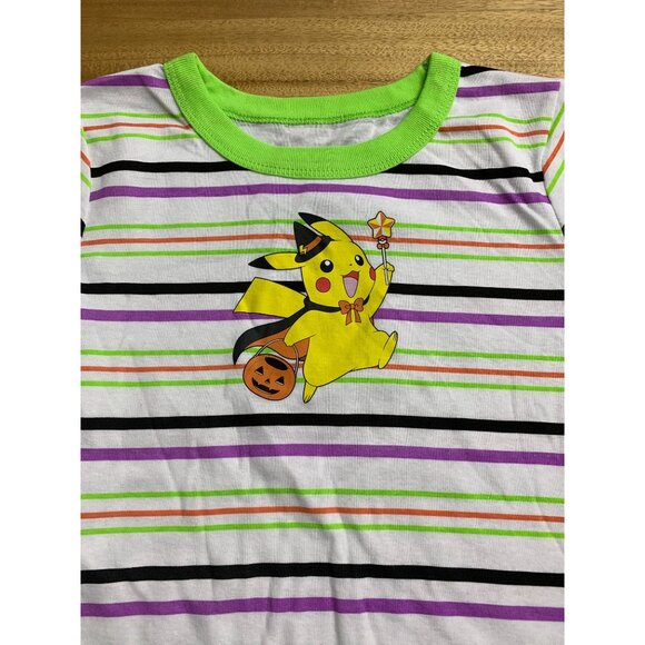 Pokemon Kids Halloween Pikachu T-Shirt Striped Short Sleeve Green Collar & Cuffs - Picture 2 of 10